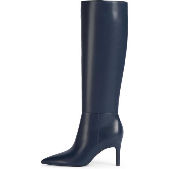 Women Blue Faux Leather Pointed Toe Tall  Stiletto High Heel Zipper Dress Boot - Picture 2 of 7